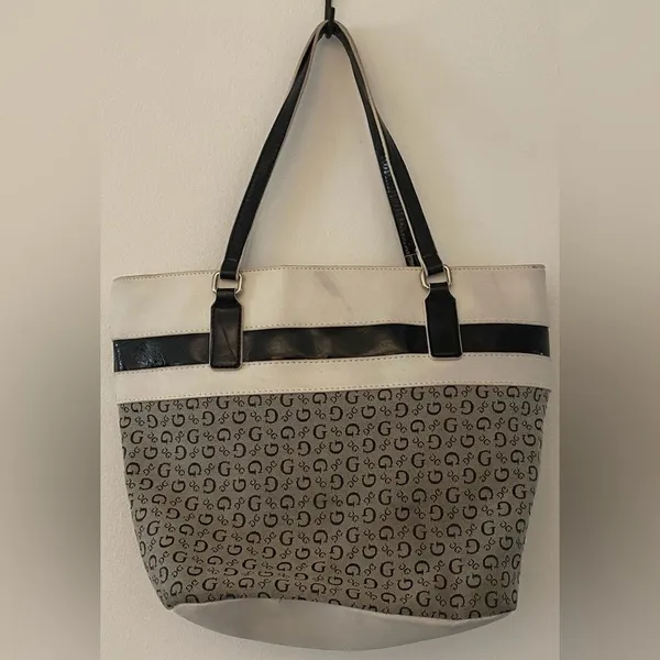 Guess Black & White Patterned Logo Tote Shoulder Purse Bag - Image 10
