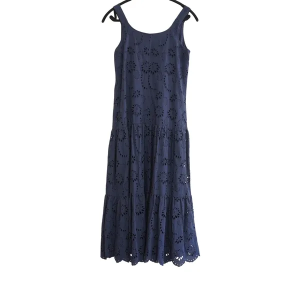 Charlie B XS Navy Blue Cotton Eyelet Tiered‎ Midi Dress Sleeveless 100% Cotton - Image 8
