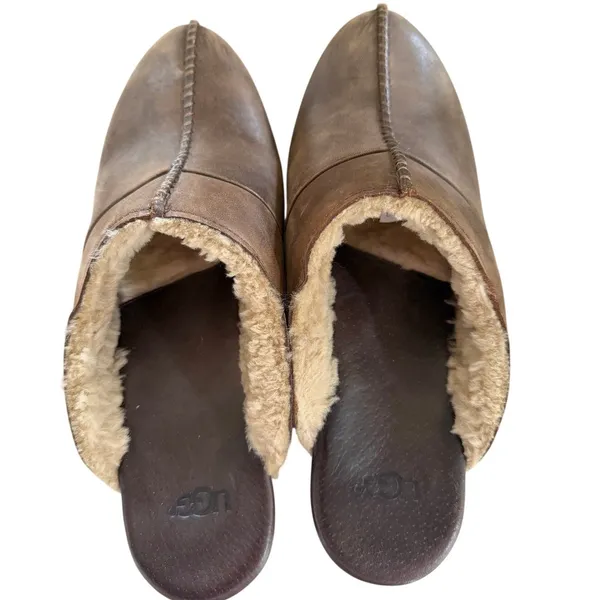 UGG Kassi Brown Leather Studded Chunky Heel Shearling Lined Slip On Clog Mule - Image 3