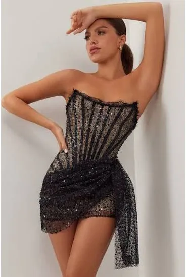 House of CB Heiress beverly hills corset sequin draped black mini dress - Image 3