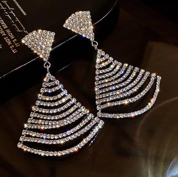 Women's Silver Plated Fan-Shaped Rhinestone Dangle Drop Earrings - Image 3