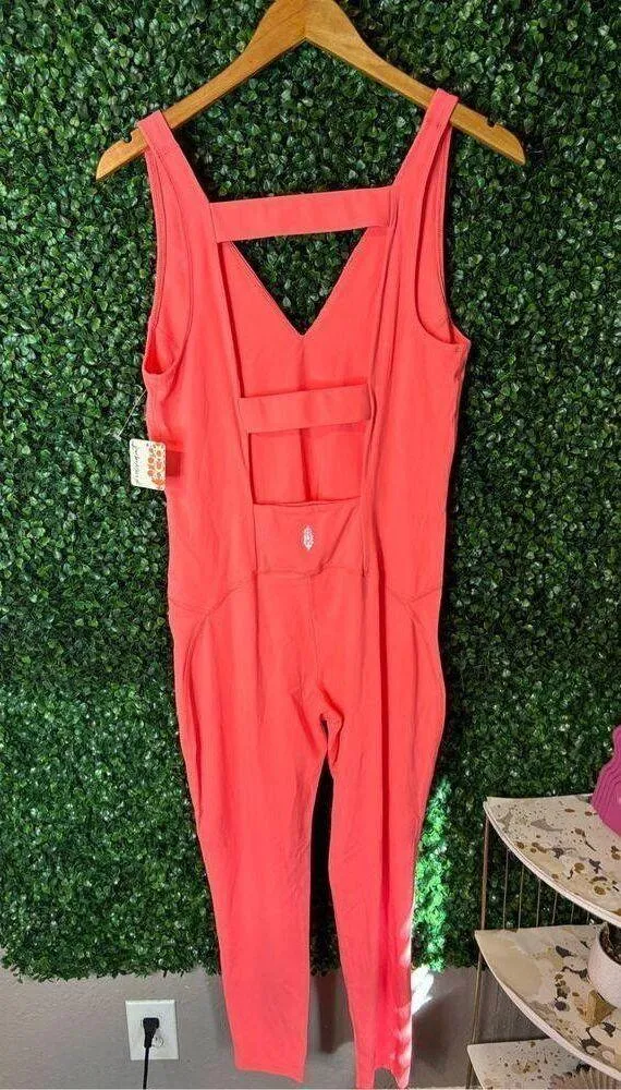 Free People Never Better One Piece Jumpsuit Workout Neon Coral Women's Large NWT - Image 5