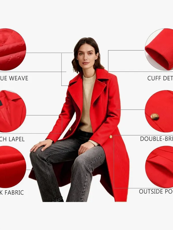 Women's Red Pea Coat Long Sleeve Regular Fit Overcoat Winter Outerwear AW5 - Image 6