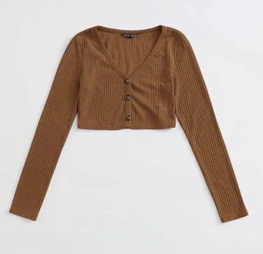 SheIn Button Front Rib-knit Crop Tee - Image 2
