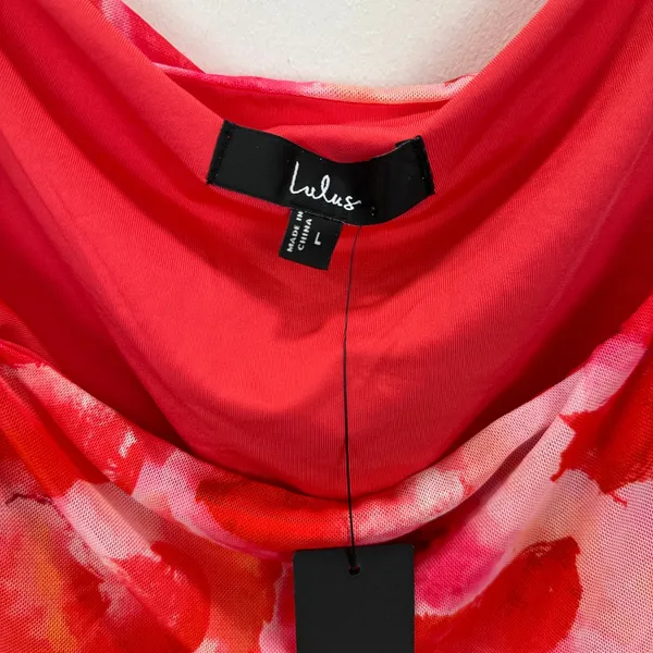 Lulus Dasia Pink and Red Abstract Print Mesh Cutout Midi Dress Large NWT - Image 8