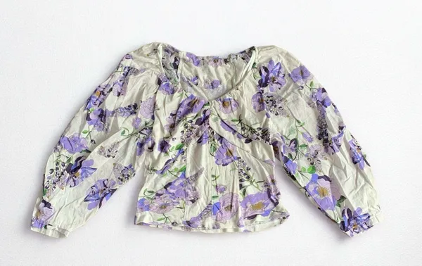 Anthropologie White Purple Floral Balloon Sleeve Crop Top XS - Image 2