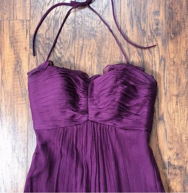 Amsale • plum silk chiffon dress bridesmaid crinkle halter purple formal G425C - Image 3