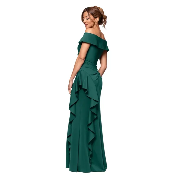 Xscape Off-The-Shoulder Dolly Scuba Ruffled Side-Slit‎ Gown Green 6 - Image 4