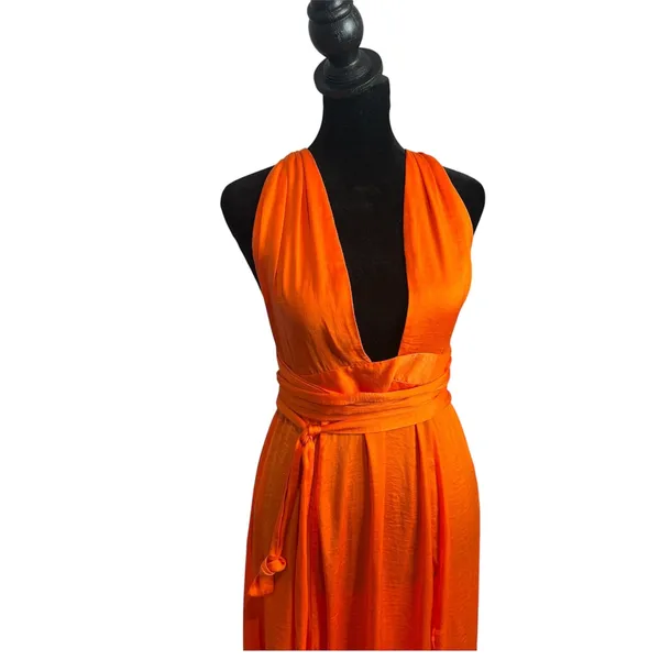 Hello Molly Thigh High Split Maxi Dress Womens 8 Orange Plunging Neckline - Image 5