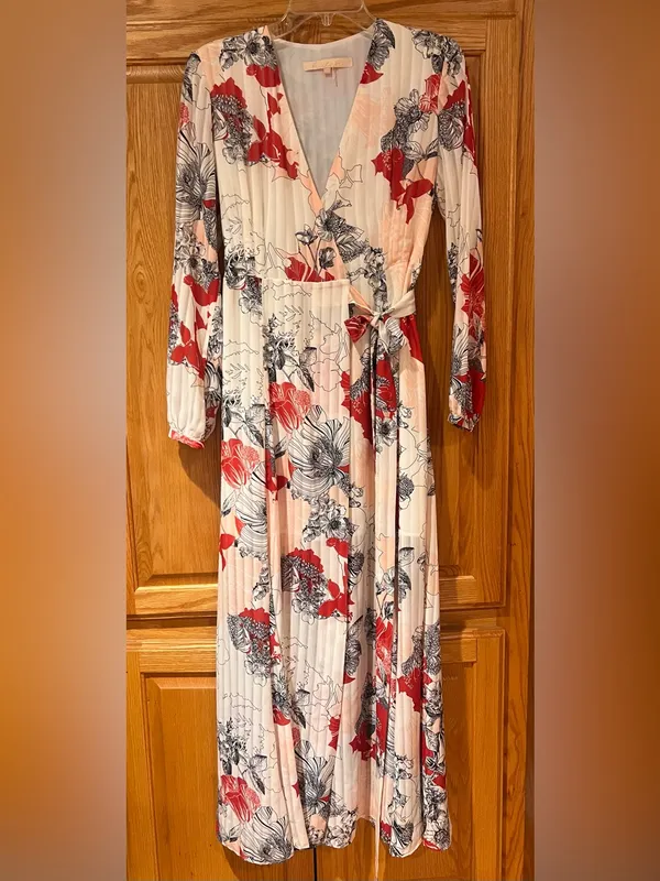Anthropologie Hutch Giselle Floral Chiffon‎ Wrap Maxi Dress Red Jardin Sz Medium - Image 8