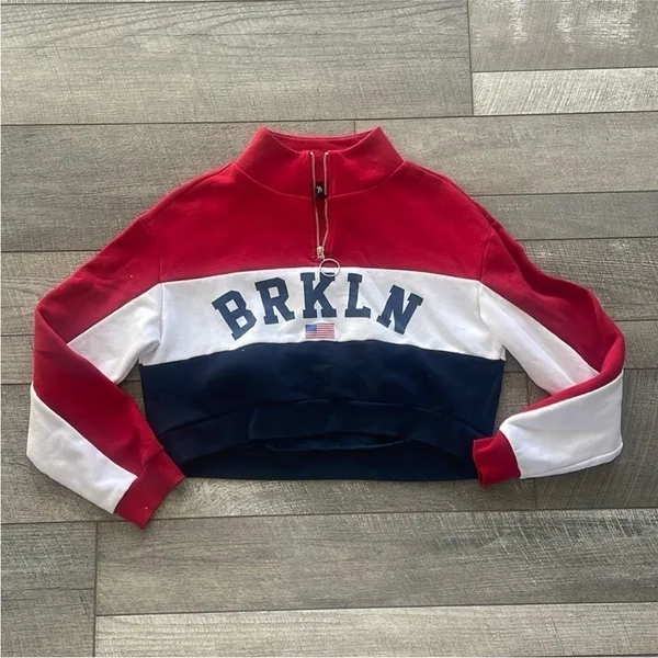 H&M Divided Size Small Red, White, & Blue Brooklyn 1/4 Zip Pullover Sweatshirt - Image 2