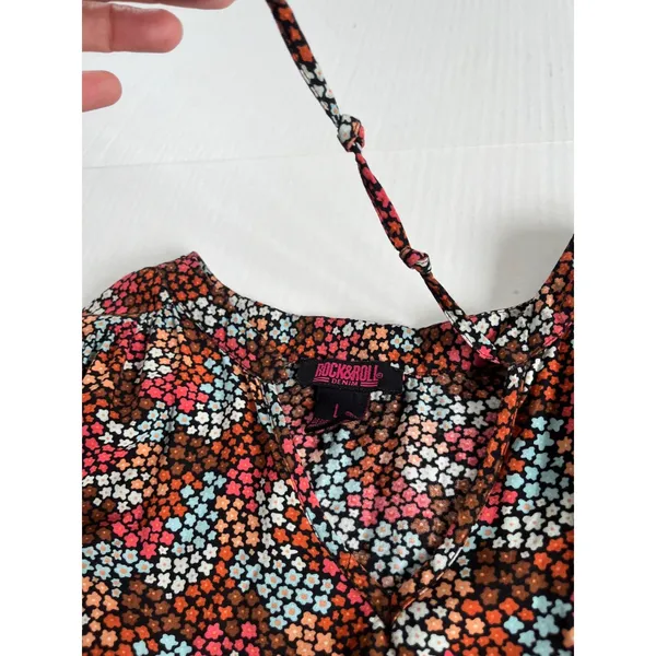 Rock & Roll Cowgirl Sz L Ditsy Floral Print Flowy Mini Dress Rust Copper Smocked Waist - Image 6