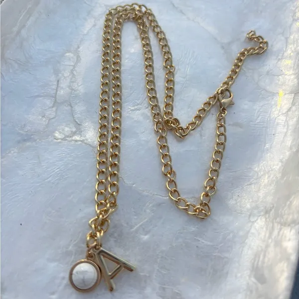 Gold A Initial Necklace with White Stone Charm - Image 3