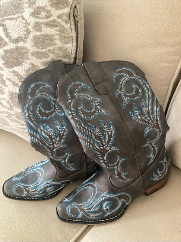 Brown Leather Western Boots with Blue Embroidery - Image 5
