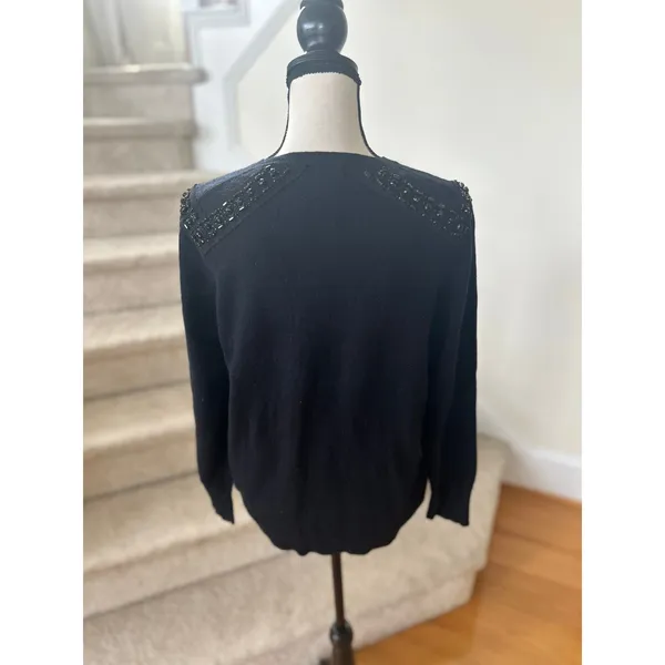 J.Crew Wool Cashmere Navy & Black Embellished Shoulder Crewneck Sweater - Image 4