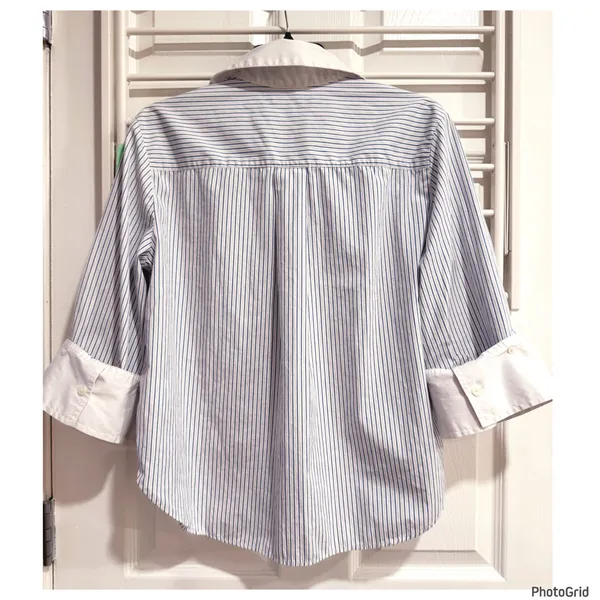 Madewell Easy Y-Neck Poplin Button Shirt Blue White Stripe Preppy Fold Cuffs - Image 4