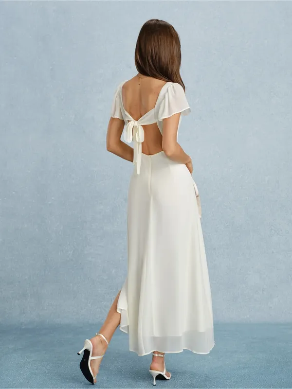 Rihoas Apricot Sweetheart Neck Slit Chiffon Maxi Dress - Image 6