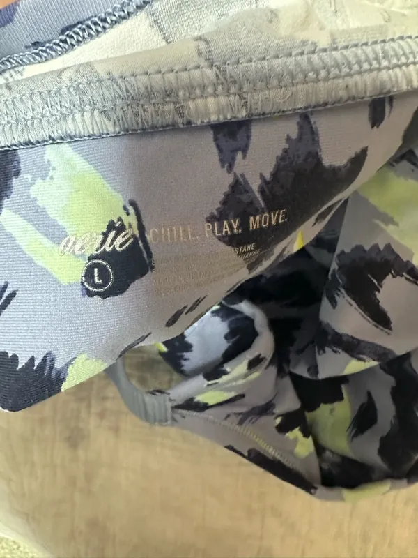 aerie Lavender Abstract Print Sports Bra with Neon Yellow Accents - Image 3