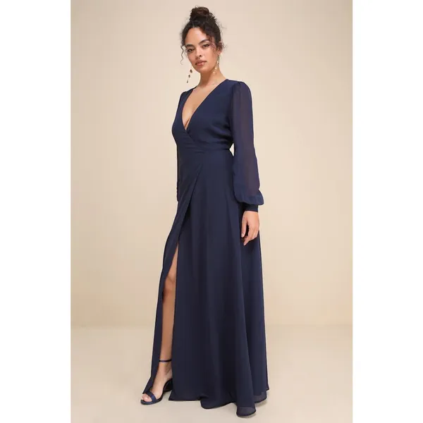 Lulus My Whole Heart Dark Navy Blue Long Sleeve Wrap Dress Chiffon Medium NWT - Image 2