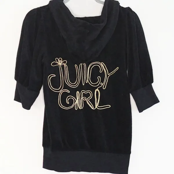 Vintage Juicy Couture Y2K Black Gold 'Juicy Girl' Short Sleeve Hoodie Size L - Image 3