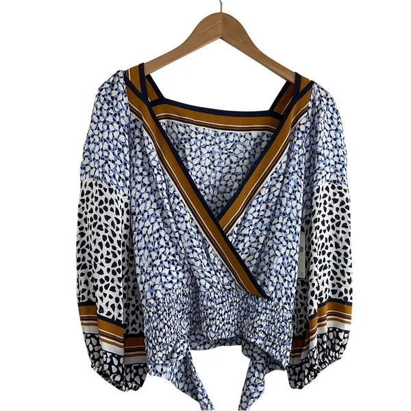 Maeve by Anthropologie Wrap Blouse Blue White Black Print‎ Smocked Waist XS - Image 3