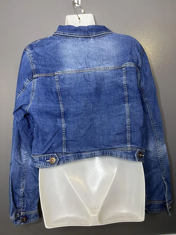 Dunnes Denim Jacket Womens 16 Blue Cropped Jean Button Front Stretch Trucker - Image 4