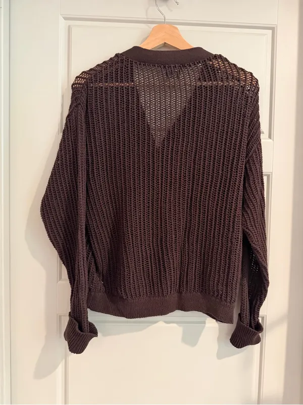 BDG Open-Weave V-Neck Cardigan in‎ Dark Brown - Image 2