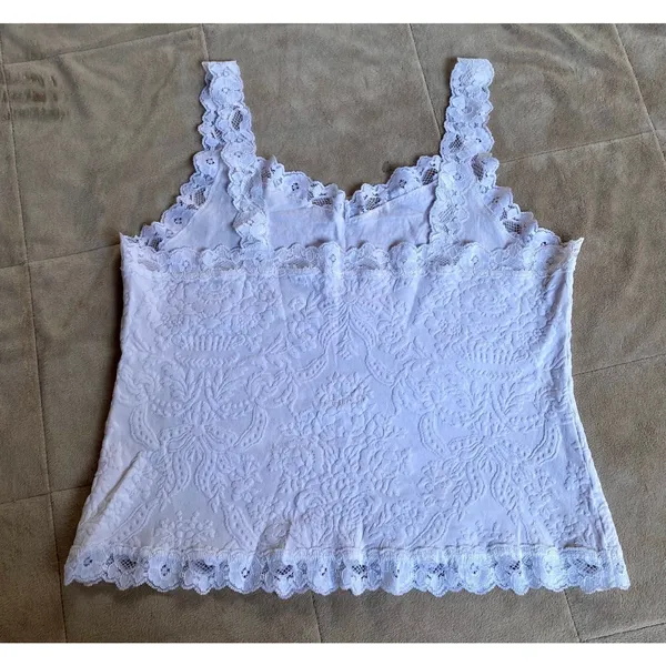 Arianne Victoria Y2K 90s Ivory Lace Trim Floral Jacquard Cami XL Vintage Glam - Image 4