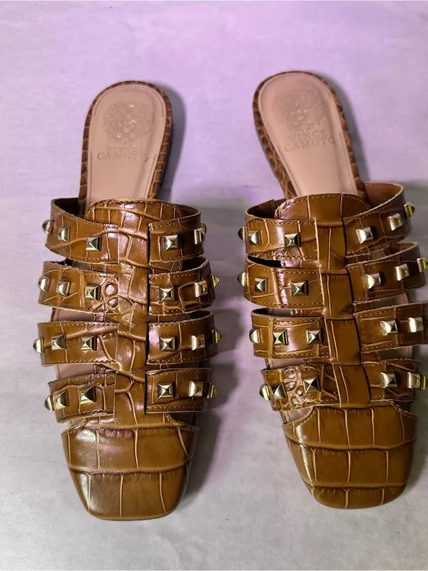 Vince Camuto Cognac Braided Leather Slide Mules with Gold Studs - Image 4