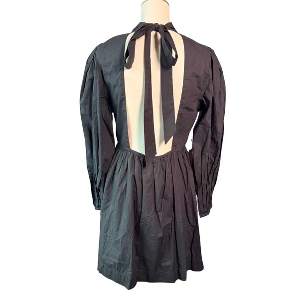Happy x Nature NWT M Black Embroidered Cotton Open Back Tie Mini Dress Pockets - Image 5