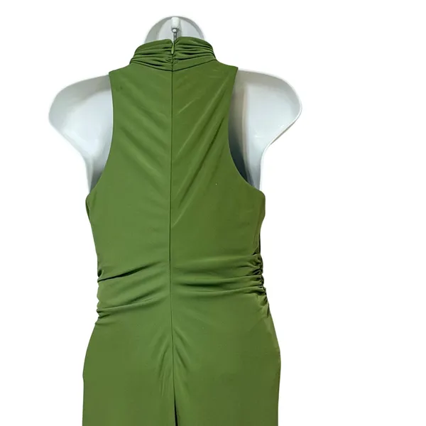 Olive Green Mock Neck Ruched Side Tie Midi Dress Sleeveless Mermaid Hem - Image 7