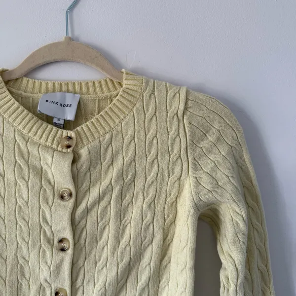 Pink Rose Butter Yellow Cable Knit Cardigan | Preppy Old Money Quiet Luxury Sweater - Image 2