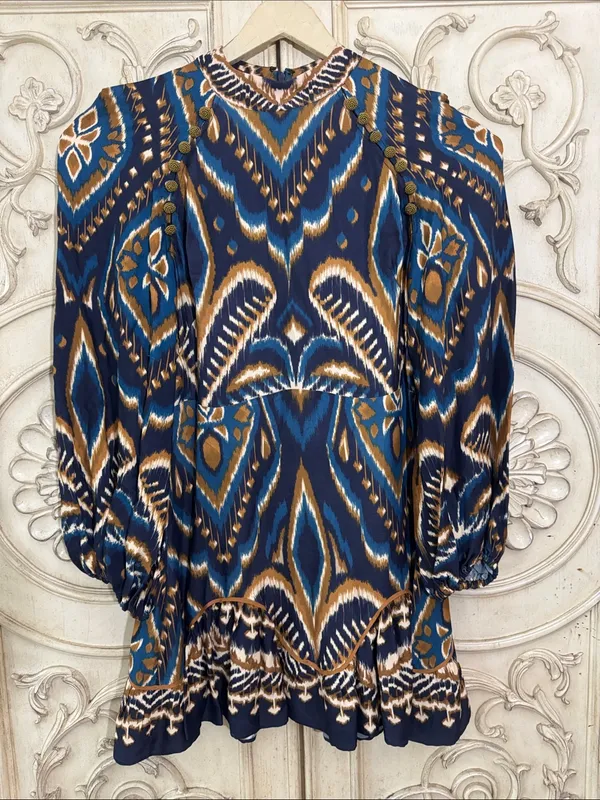 Farm Rio Pineapple Ikat Dress Anthropologie Long-Sleeve Raglan Button Size M - Image 3
