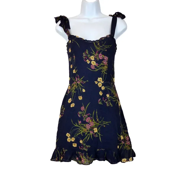 Reformation Dress Womens 4 Navy Floral Christine Ruffled Mini Tie Strap Viscose - Image 4