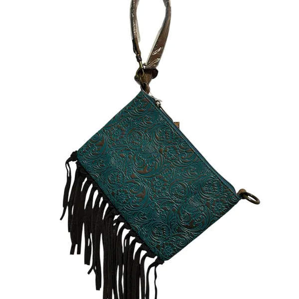 NWT: Justin Boots Brand Tooled Embossed Fringe Convertible Bag - Image 4