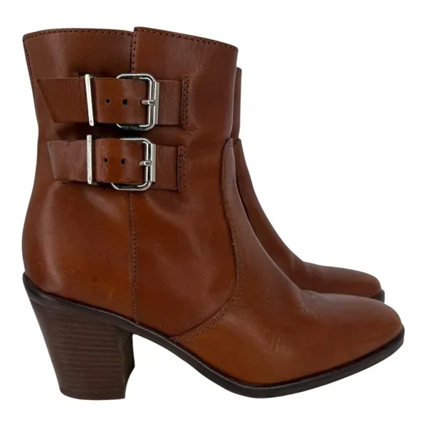 J. Crew Women's Leather Ankle Boots‎ Brown Buckle Block Heel Side Zip Size 7.5 - Image 2
