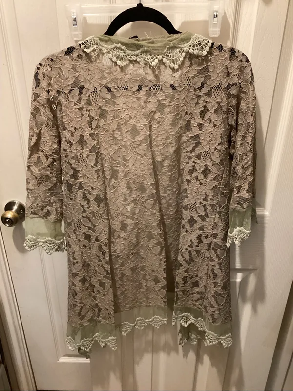Beige Lace Open Kimono with Olive Trim Green Size L - Image 4