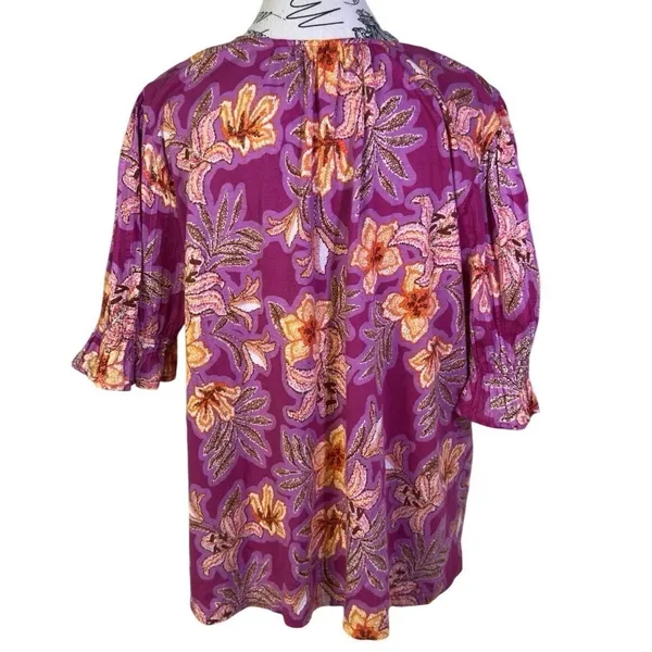 Women's Purple Magenta Floral Paisley Blouse Size L V-Neck Short Sleeve Boho Top - Image 3
