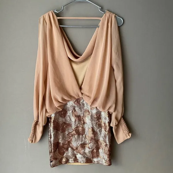 Love Culture Sequin‎ MobWife Y2K Party Glam Cowl Neck Mini Dress Small Tan Gold - Image 7