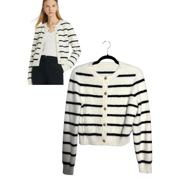 Goelia Eco-Friendly Mink Knitted Striped Cardigan Cream Black Gold Medium - Image 2