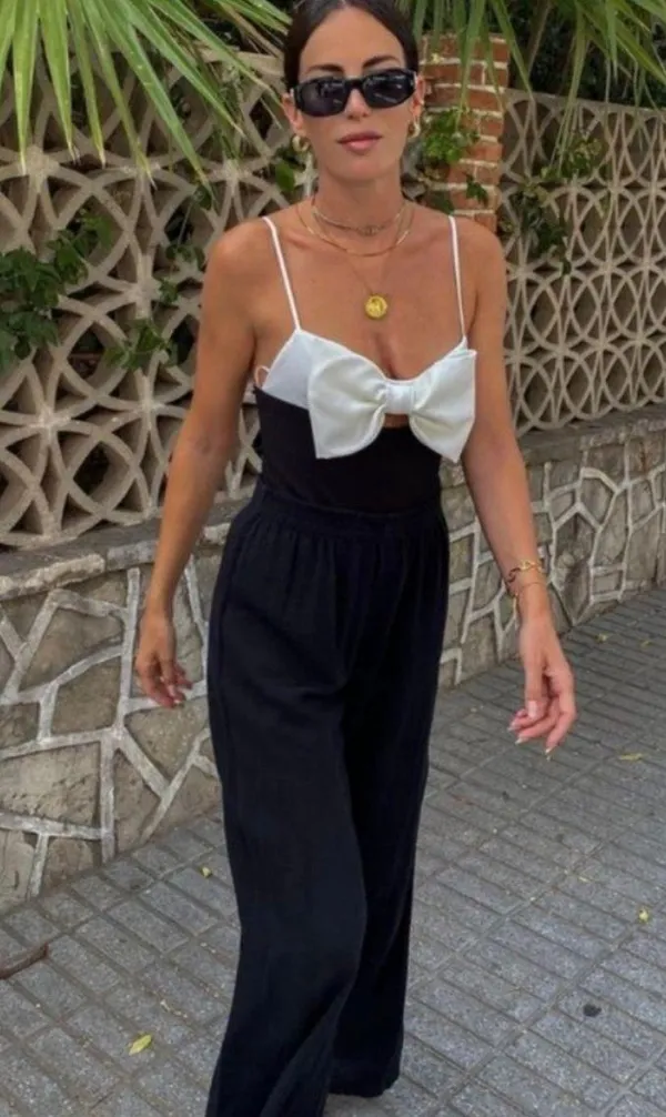 ZARA black bodysuit white bow top blouse - Image 11