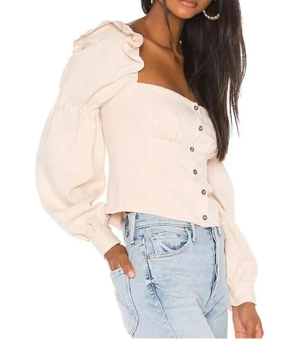 Song Of Style Emery Top One Shoulder Ruffle Beige Check - Image 4
