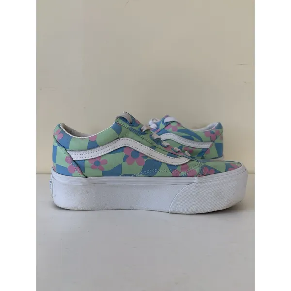 Vans Old Skool Checkerboard Women's 7 Stackform Platform Sneaker Floral Blue - Image 7