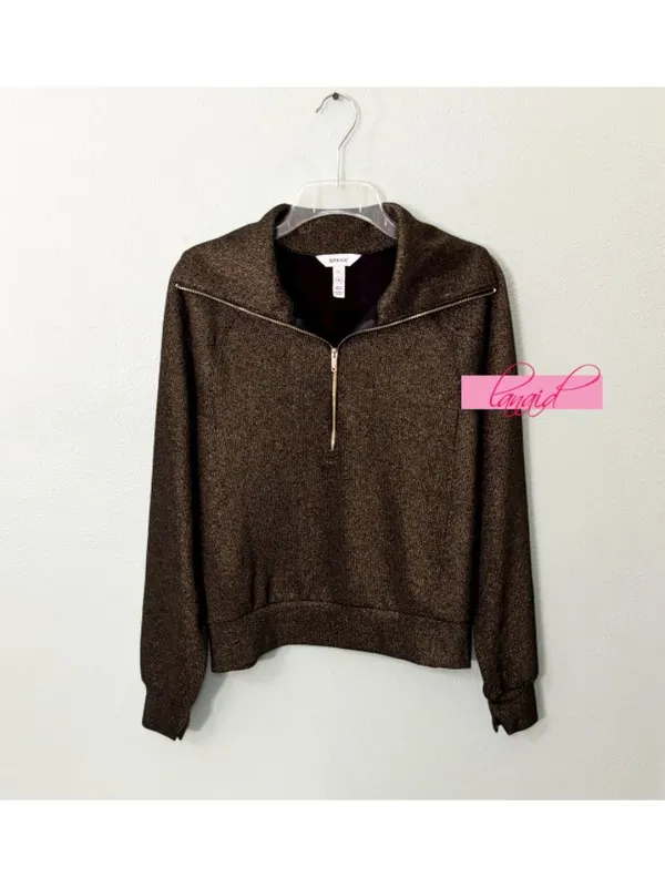 Spanx AirEssentials Half Zip Shimmer Very Black Gold Shine Knit V-Neck Sweater S - Image 4