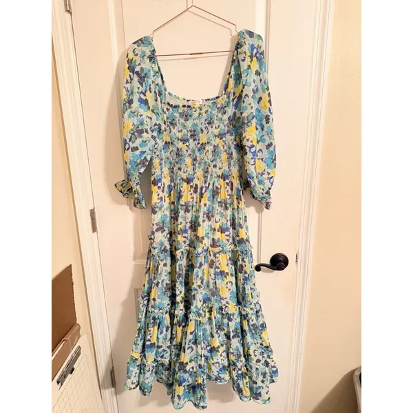 LoveShackFancy Capri Midi Dress- Size L Blue‎ Multi 3/4 Sleeves Smocked Waist - Image 5