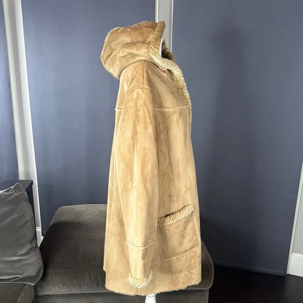 Women’s Vintage St John’s Bay Tan Faux Suede Hooded Coat Faux Fur Lined Size L - Image 3