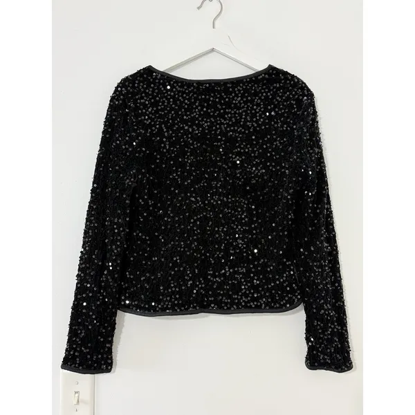 Sequin Bow Jacket Womens Medium Black Cropped Tie Front Evening Party - Image 5