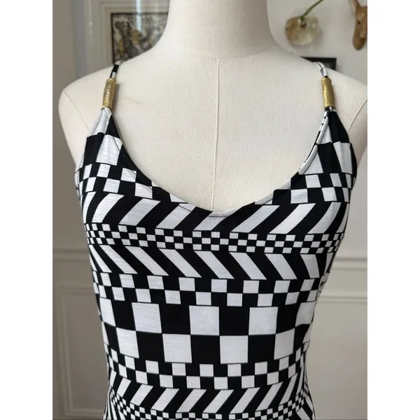 Vintage 90s Y2K Silvergate Black White Psychedelic Check Stretchy Column Indie S - Image 3
