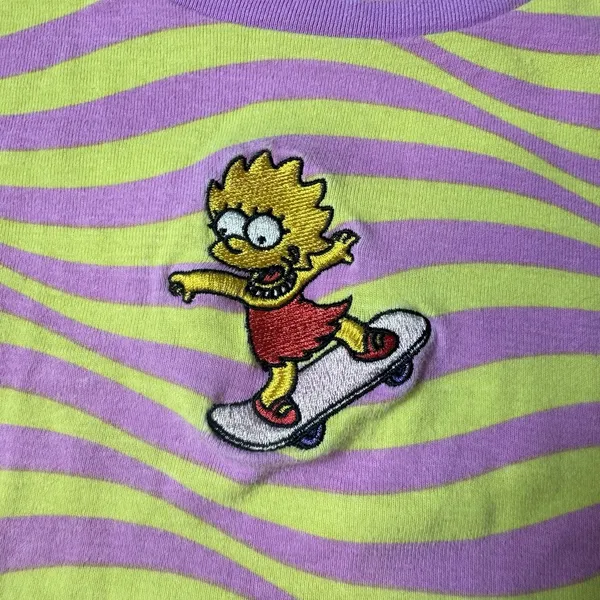 Hot Topic x The Simpsons Womens M Neon Striped Embroidered Y2K Baby Tee Ruched - Image 2
