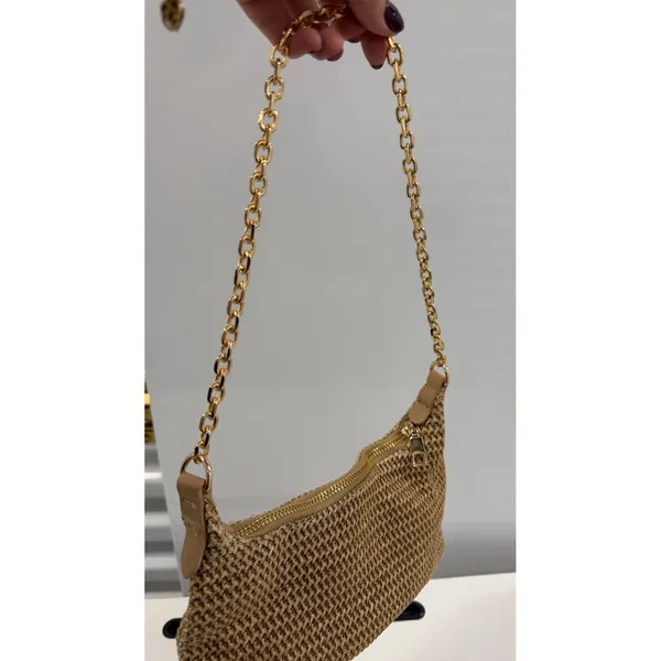 Tan Woven Straw Baguette Shoulder Bag Gold Chain Strap Raffia Style Bag - Image 5